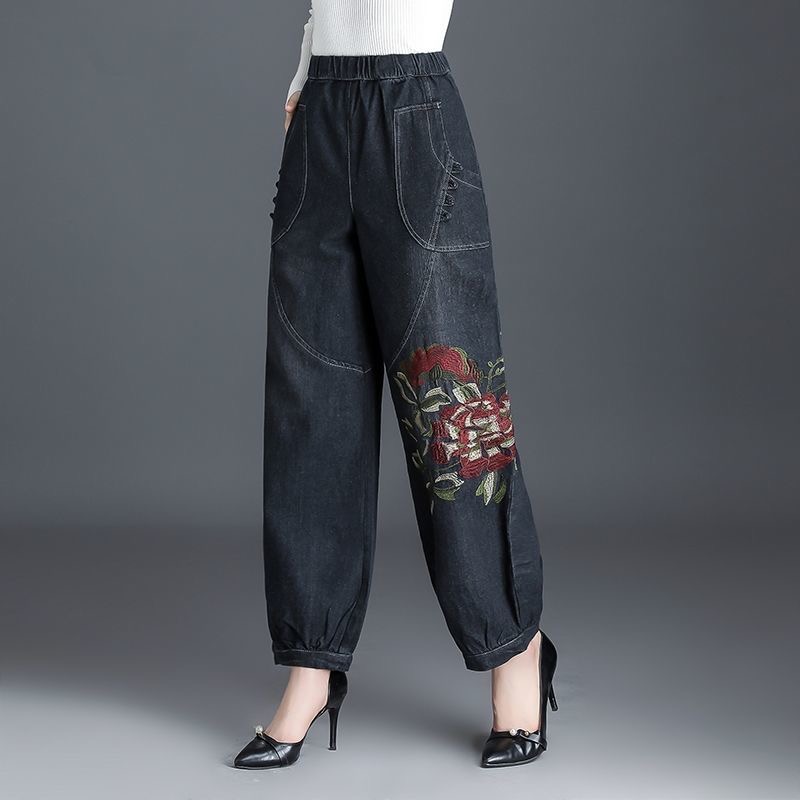 秋冬加绒女牛仔高腰绣花长裤灯笼裤宽松腰大码中老年休闲萝卜裤