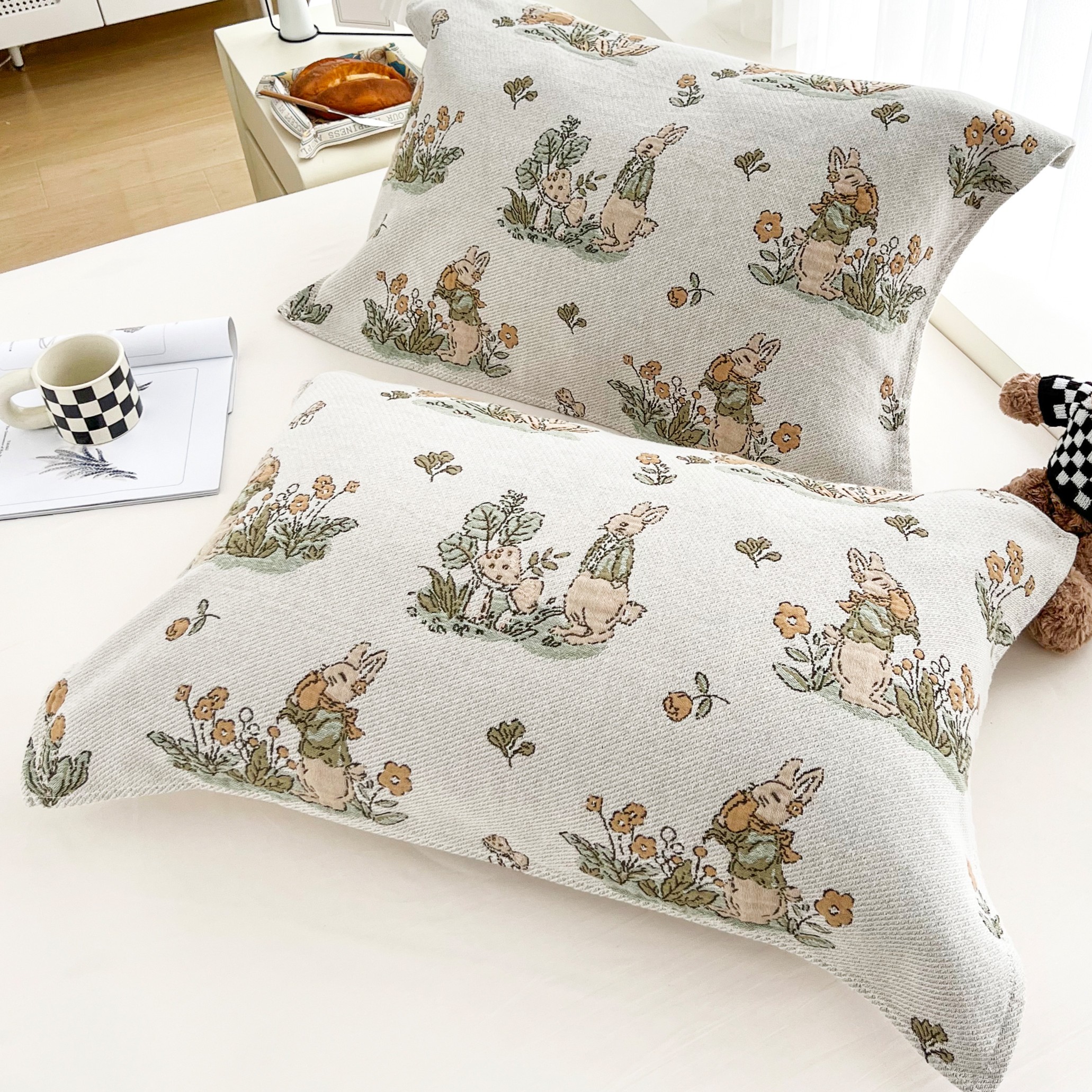 【京かわ会社】一对装纯棉纱布枕巾 斜纹编织家用枕头巾 清新兔