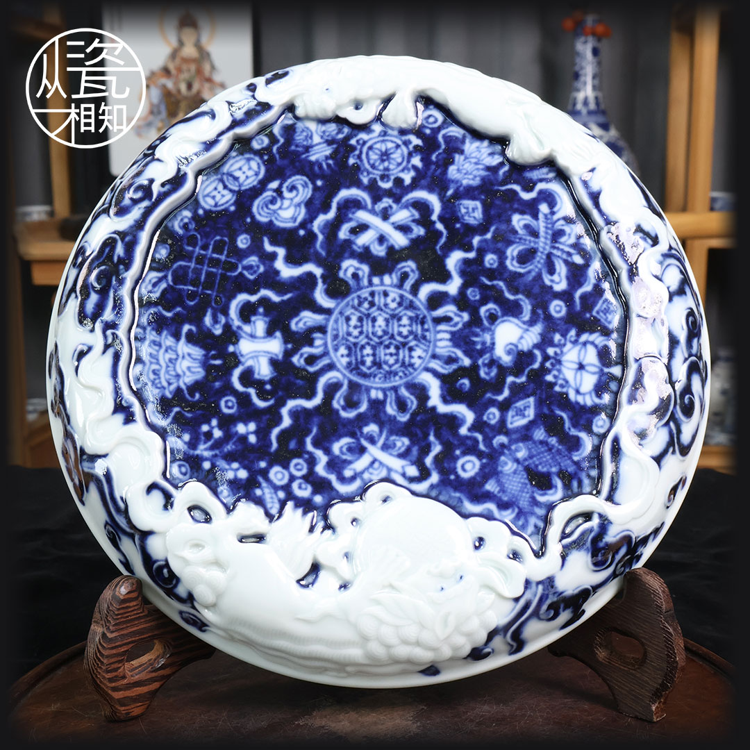 愚拙造物 狮子堆雕壶承 景德镇青花瓷 手工手绘 高端中式名窑壶承