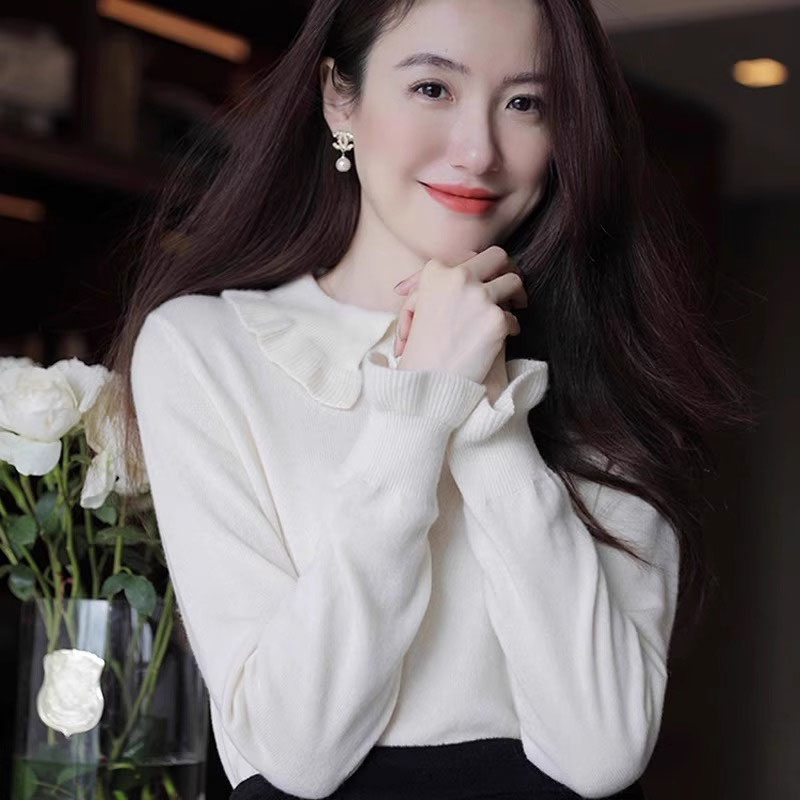 【现货闪发】小翻领木耳边娃娃领毛衣女气质软糯白色针织打底上衣