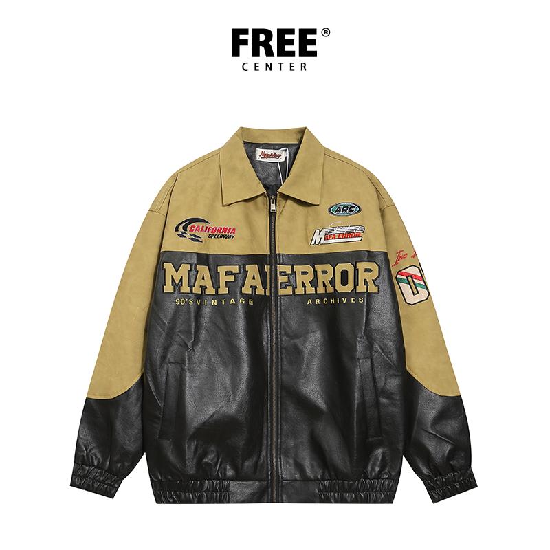 Free Center 翻领又a又飒外套男女潮牌字母拼接SOLDOUT皮衣pu秋冬