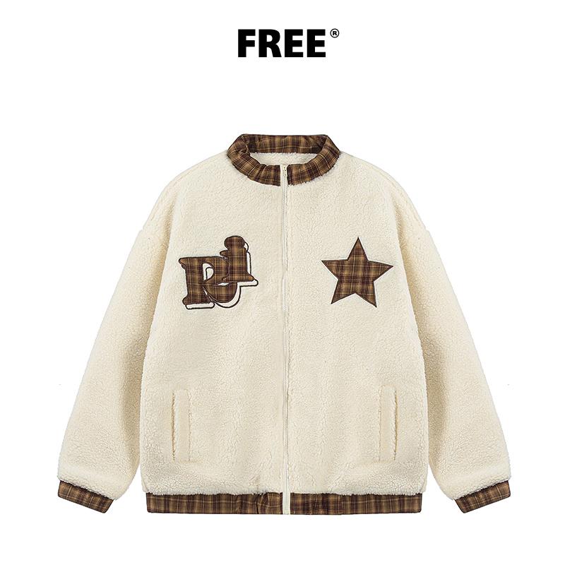 Free Center 立领短绒毛拼接棉服男女复古加厚外套保暖美式外套潮