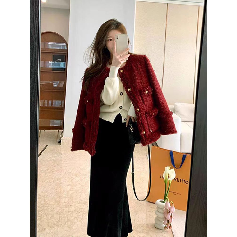 2024秋冬酒红色喜庆小香风时尚外套保暖气质小个子短外套女