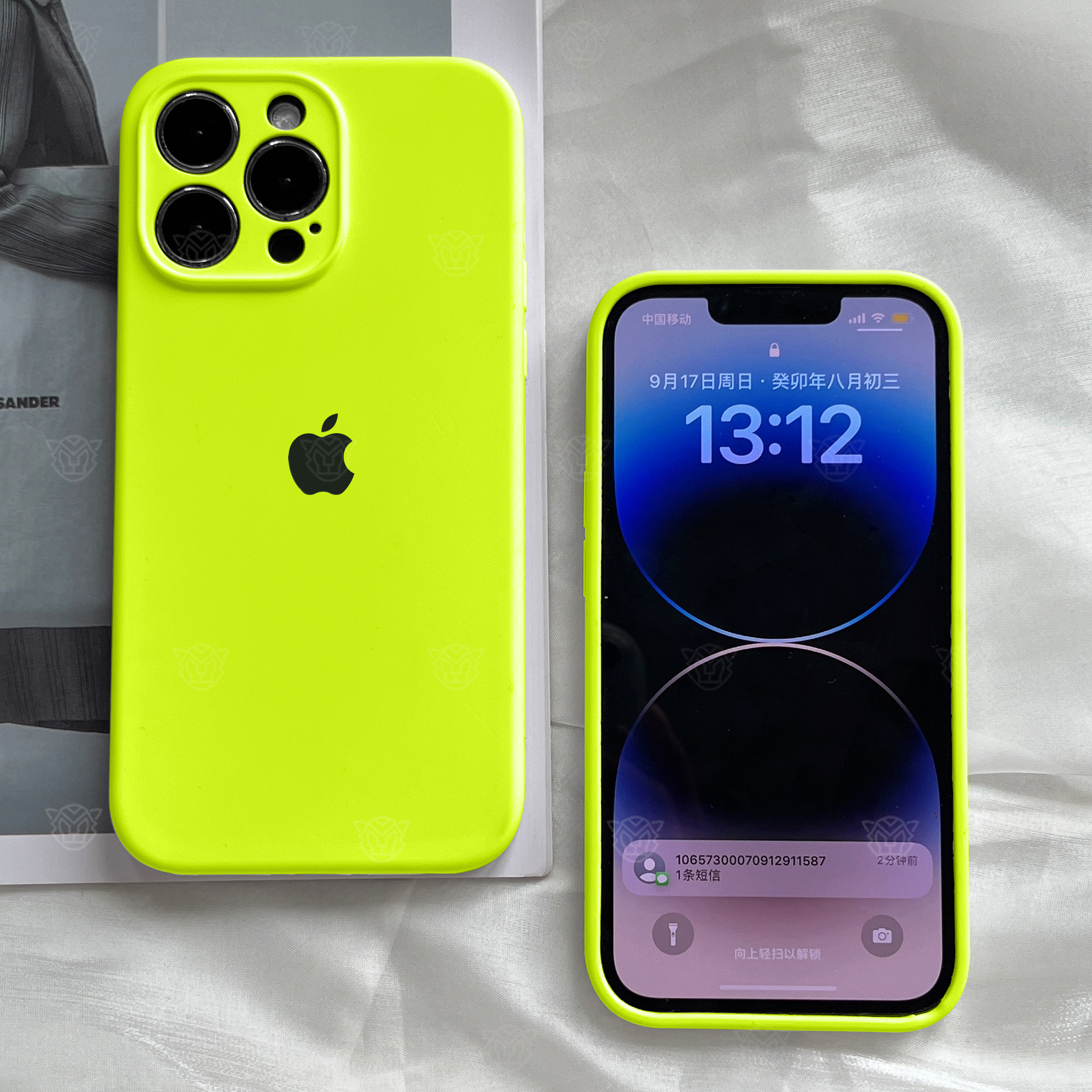 荧光绿苹果15手机壳液态硅胶iPhone14ProMax全包13防摔12超薄11软