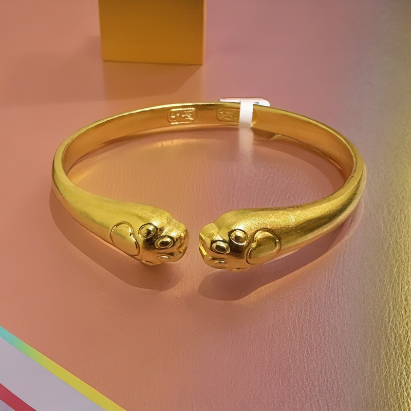 足银手镯 女款百搭时尚俏皮可爱的实心气质轻奢猫爪手镯金色镯子