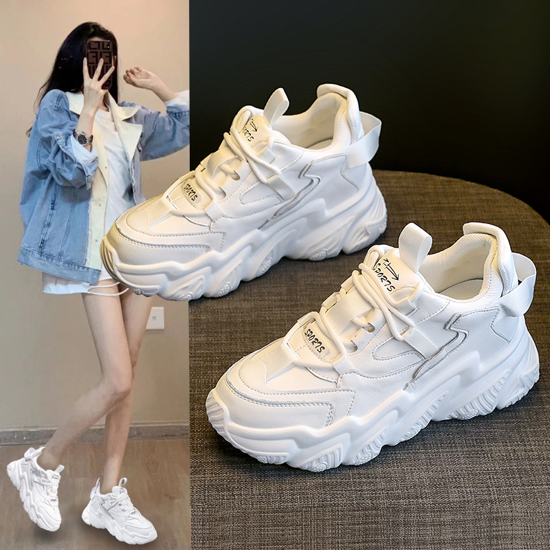 厚底老爹鞋女秋冬新款小个子内增高小白鞋百搭运动休闲真皮老爹鞋