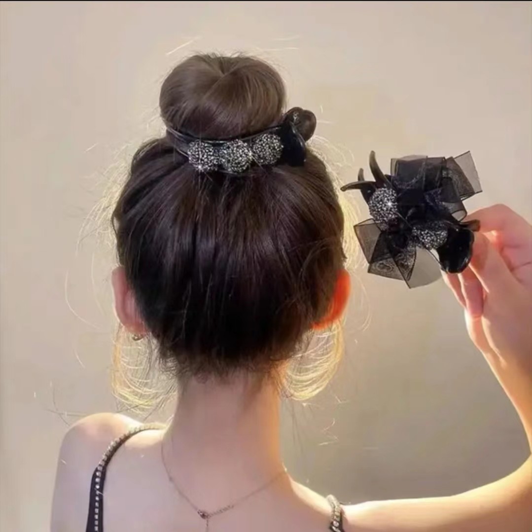 非金属亚克力发饰 丸子头抓夹发饰发夹蝴蝶结满钻蝴蝶结抓夹黑色