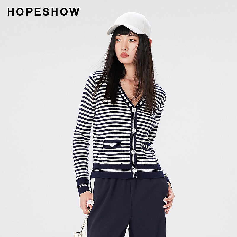 【籽言专属】红袖主题绣条纹单排扣V领针织开衫89123300119