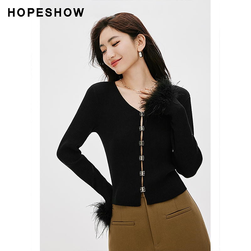 【籽言专属】红袖正肩禽鸟毛挂钩V领针织开衫90124470104