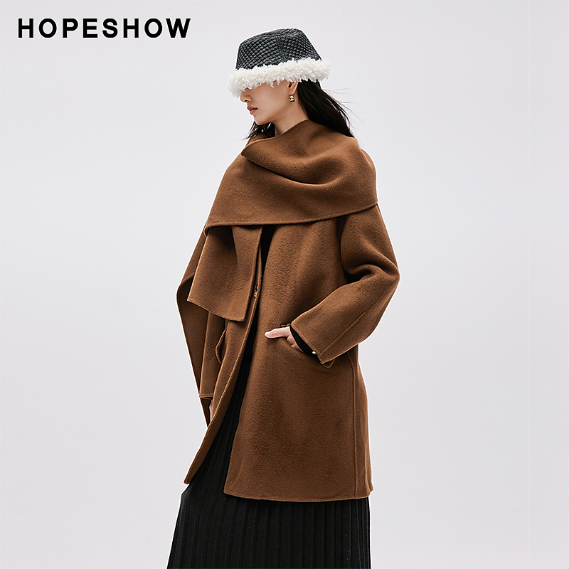 【籽言专属】红袖H型一粒扣围巾V领双面呢大衣90223370805