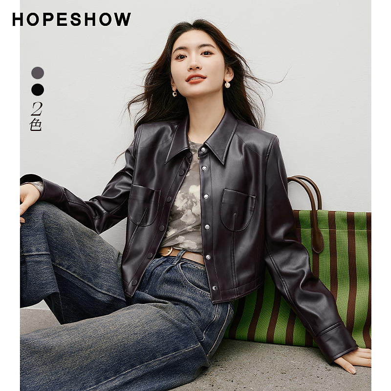 红袖2025早秋新款女装正肩单排扣小翻领皮衣外套90124290405