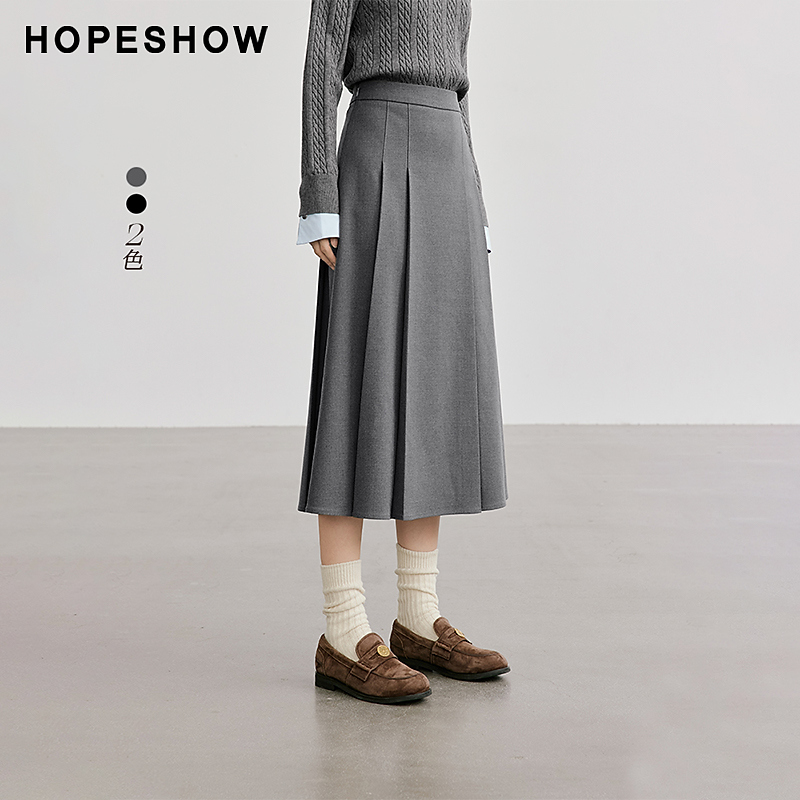 红袖秋冬新款女装老钱风压褶拼接中腰A字半身裙90224371501显瘦