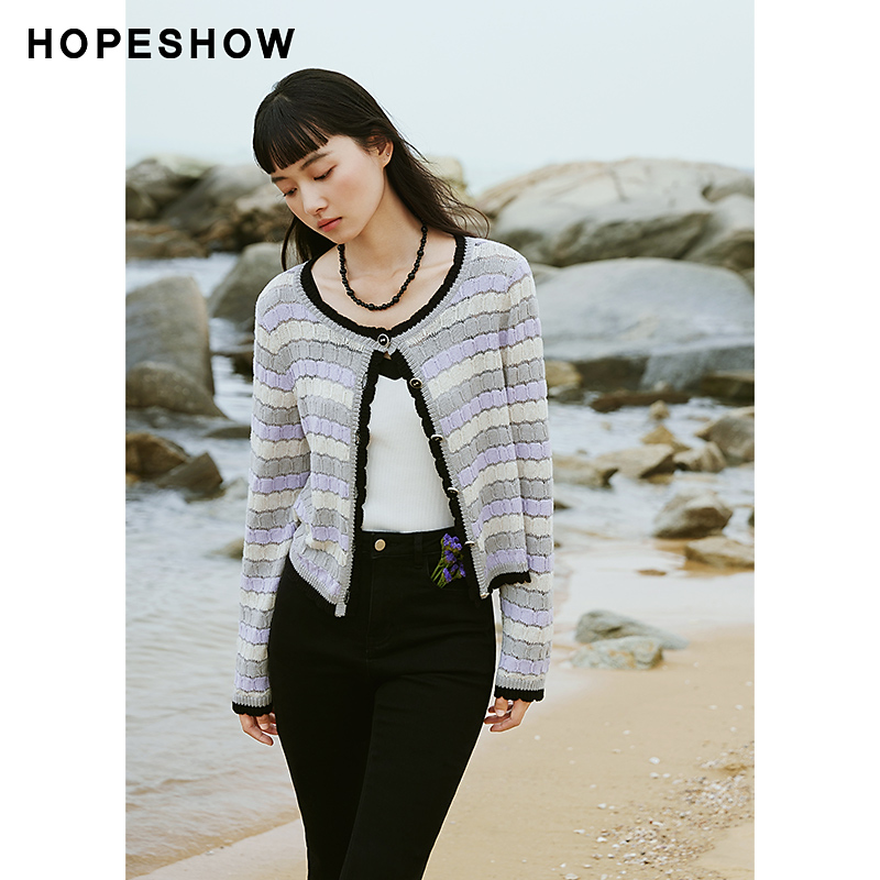 【籽言专属】红袖香风撞色边单排扣圆领针织开衫89223260103