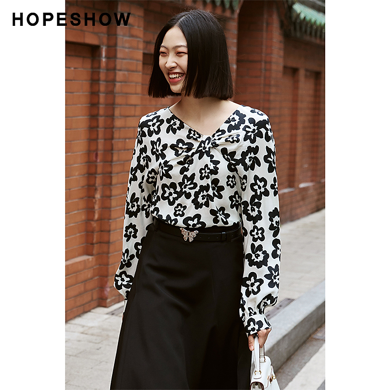 【小铃铛专属】红袖印花立体扭结V领套头上衣89224052006