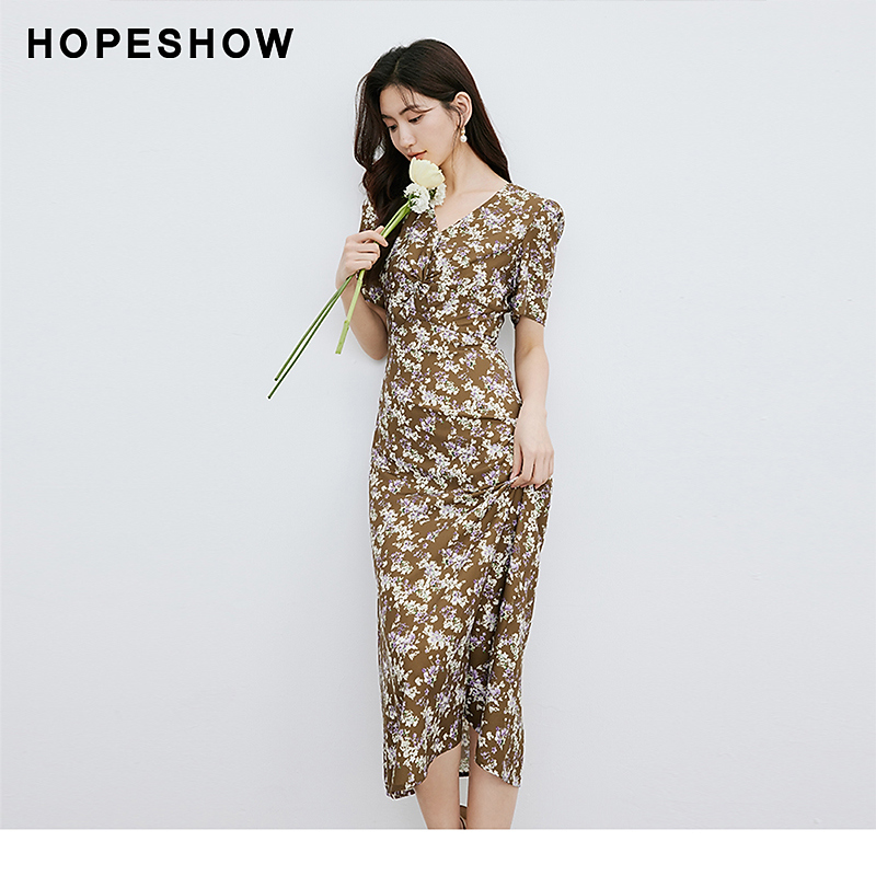 【小北专属】红袖印花收腰V领套头短袖茶歇裙90224101607