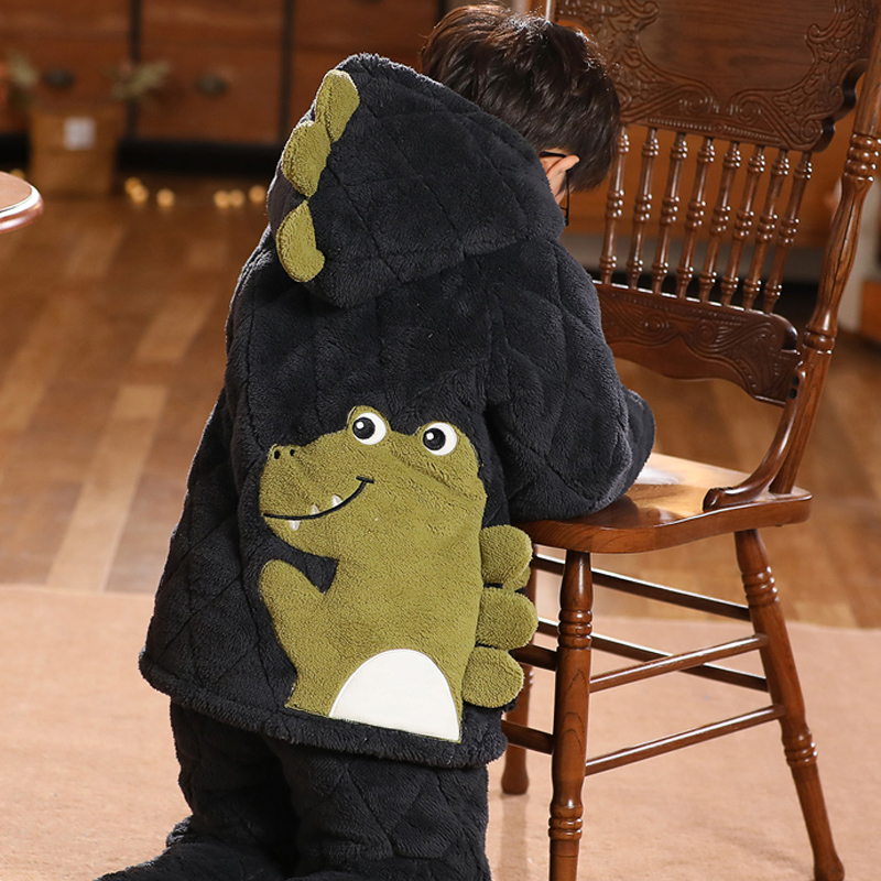 冬天儿童法兰绒睡衣男童女童三层夹棉加厚款珊瑚绒男孩家居服套装