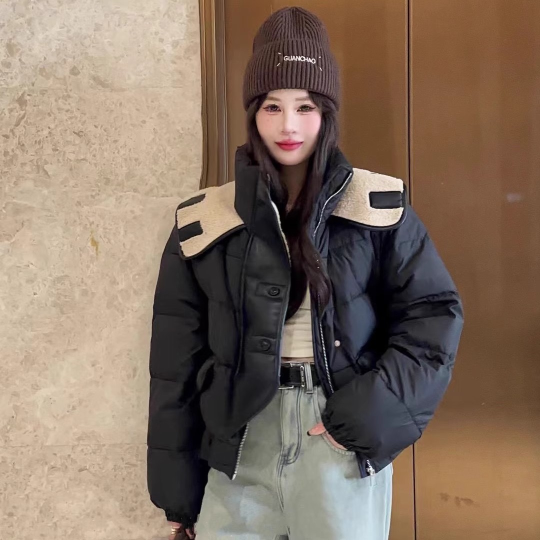 大翻领羽绒服女短款2023年冬季皮拼接大口袋防风保暖白鸭绒美拉德