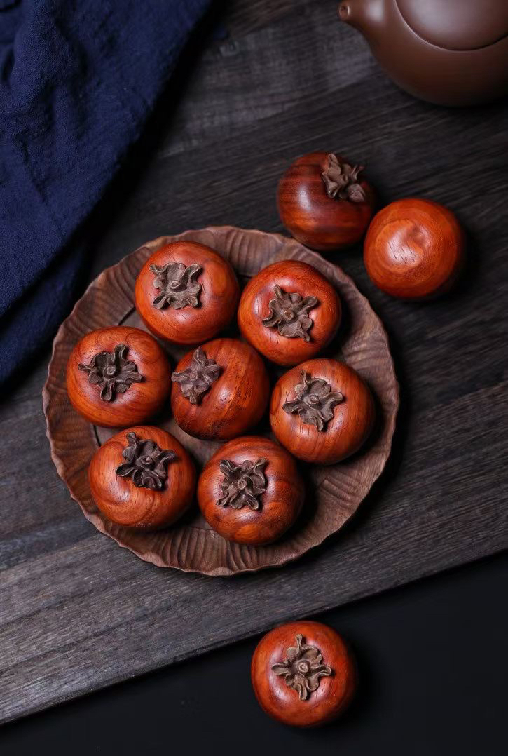 红檀木雕刻柿子手把件桌面摆件创意礼品【事事如意】