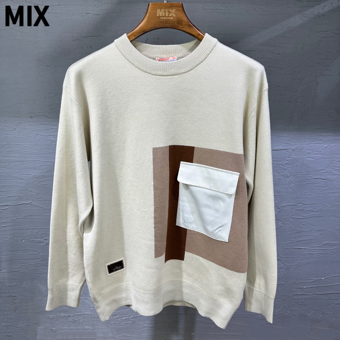 （断码清）撞色口袋圆领毛衣高端轻奢冬季百搭打底宽松针织衫81051