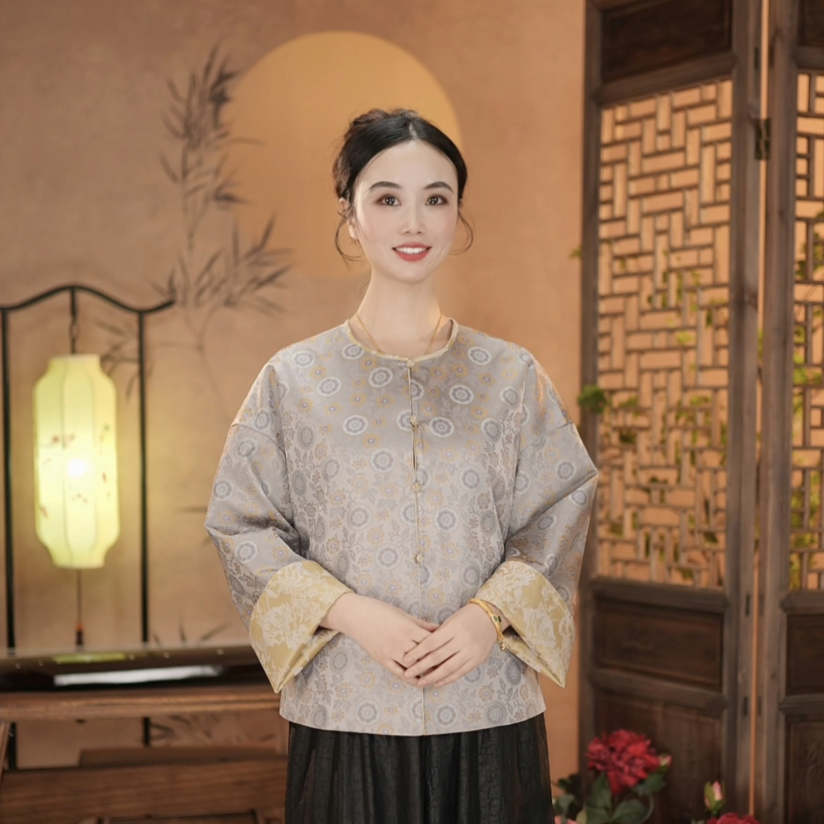 『忆君』新中式国风气质圆领对襟宋锦桑蚕丝外套 DFCY337225