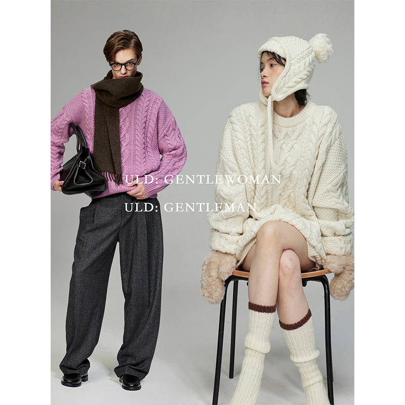 ULD/90s摩登中古编织立体霜感云朵绞花易打理澳毛毛衣半裙 套装QC