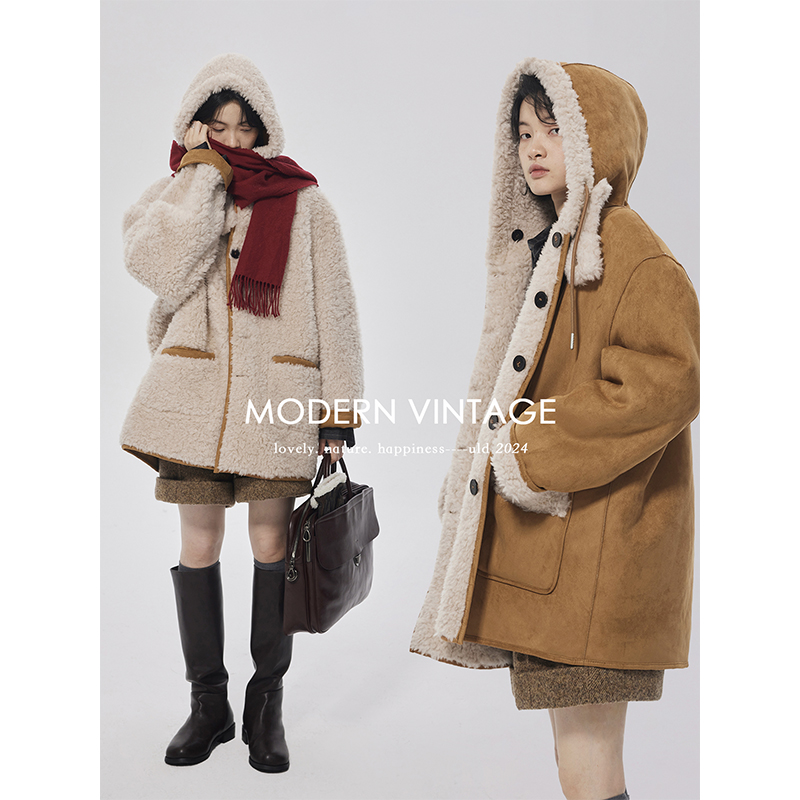 ULD/仿麂皮绒羊毛皮草外套女冬季2024中长款两面穿毛毛连帽夹克QC