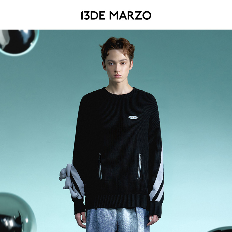 13DE MARZO男女同款 立体发光熊机能时尚针织衫上衣圆领宽松毛衣