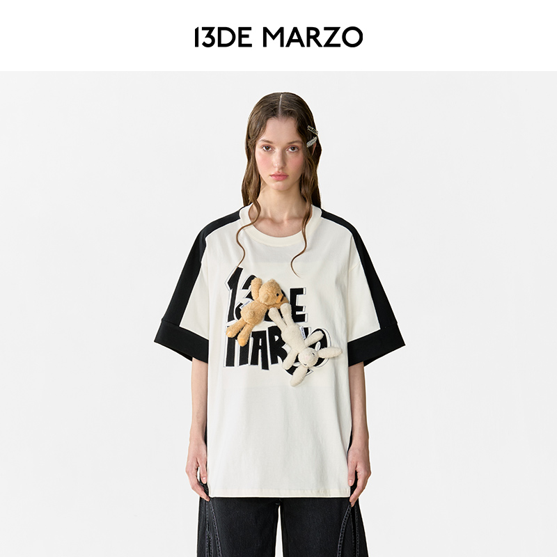 13DE MARZO男女同款 立体玩偶魔术贴拼色圆领短袖休闲宽松T恤