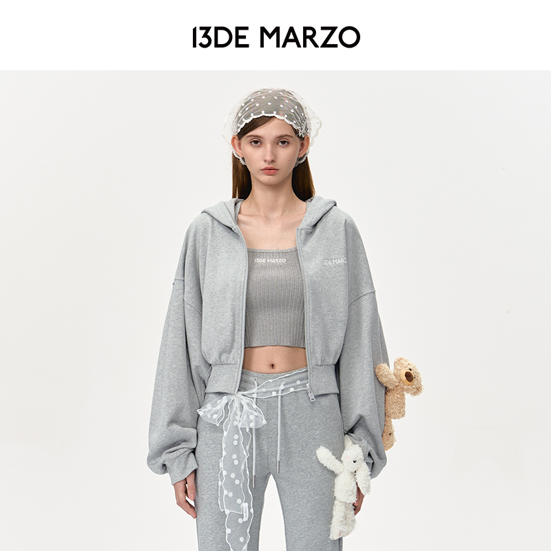 13DE MARZO女士 24早秋新款运动短款帽衫休闲拉链卫衣开衫外套