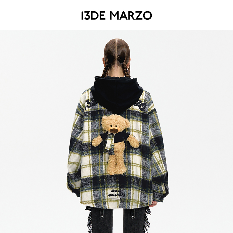 13DE MARZO男女同款 立体玩偶格纹衬衫拼接帽衫卫衣外套专柜同款