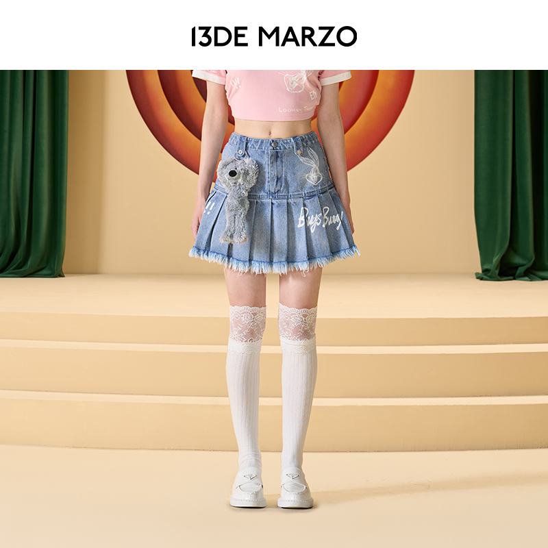 13DE MARZO专柜正品兔八哥联名系列个性涂鸦复古牛仔时尚百褶裙瘦