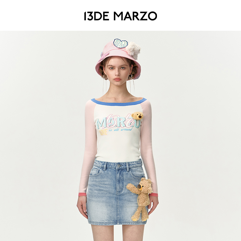 13DE MARZO女士 早秋新款数码直喷露背针织衫甜美修身显瘦毛衣