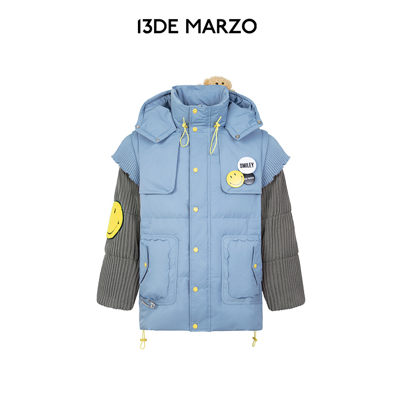 13DE MARZO男女同款 SMILEY联名系列毛线拼接上衣外套连帽羽绒服
