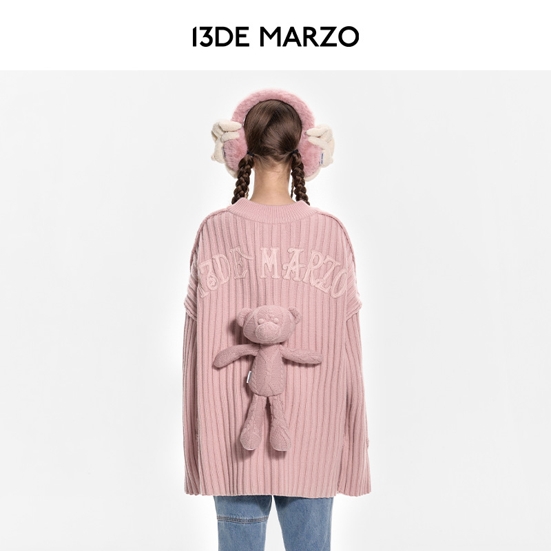 13DE MARZO男女同款 立体玩偶幻形复古针织衫圆领简约休闲毛衣