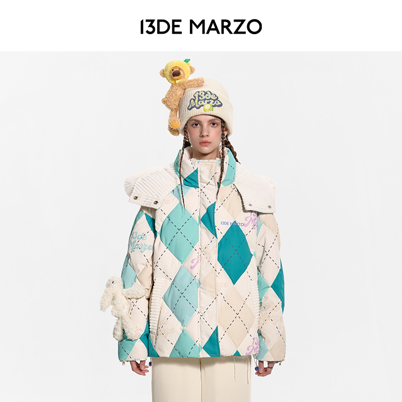 13DE MARZO男女同款 拼色棱格宽松休闲外套连帽百搭时尚羽绒服