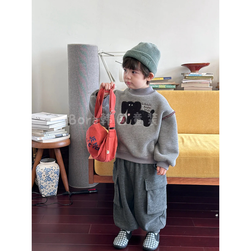 男童加绒卫衣儿童秋装2024新款时尚上衣大童网红圆领卡通打底衫潮