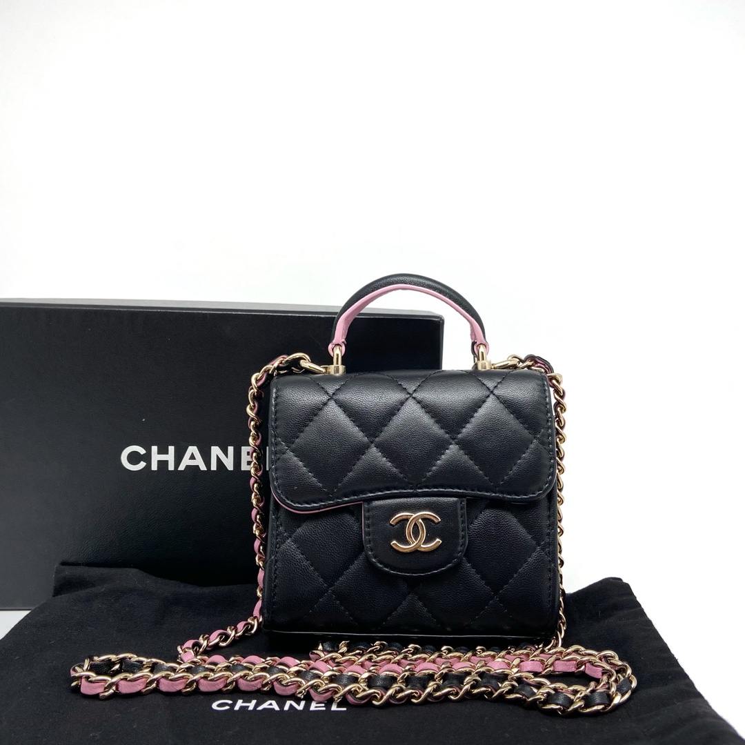 99新 Chanel/香奈儿 新标 黑色拼粉色 手提款mini包 斜挎包