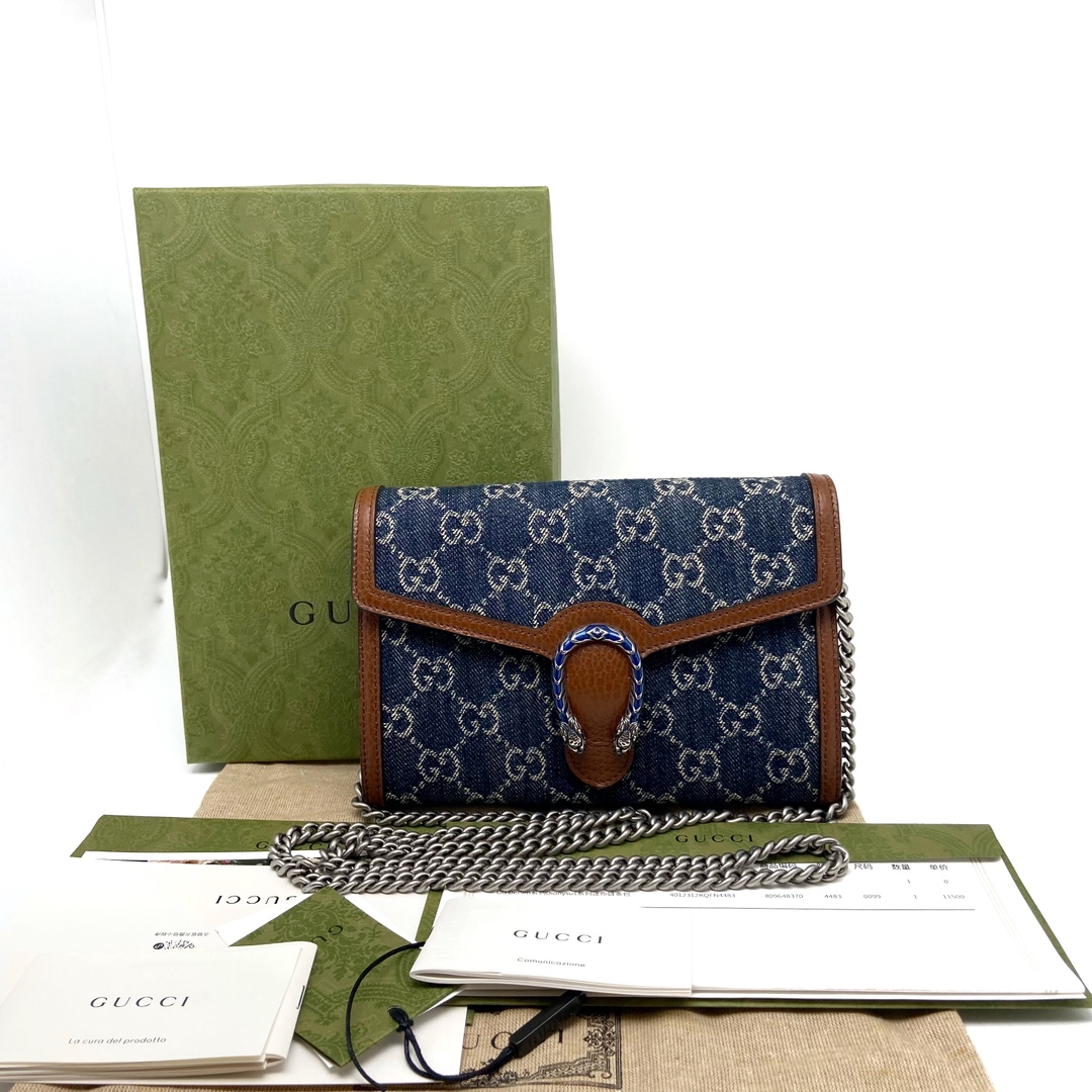 99新 GUCCI/古驰 大全套带票新款牛仔丹宁酒神woc 斜挎包