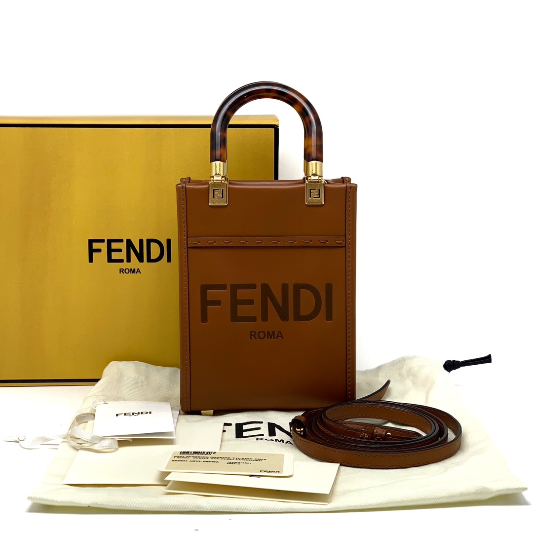 99新  Fendi芬迪焦糖色mini tote玳瑁琥珀手柄托特包