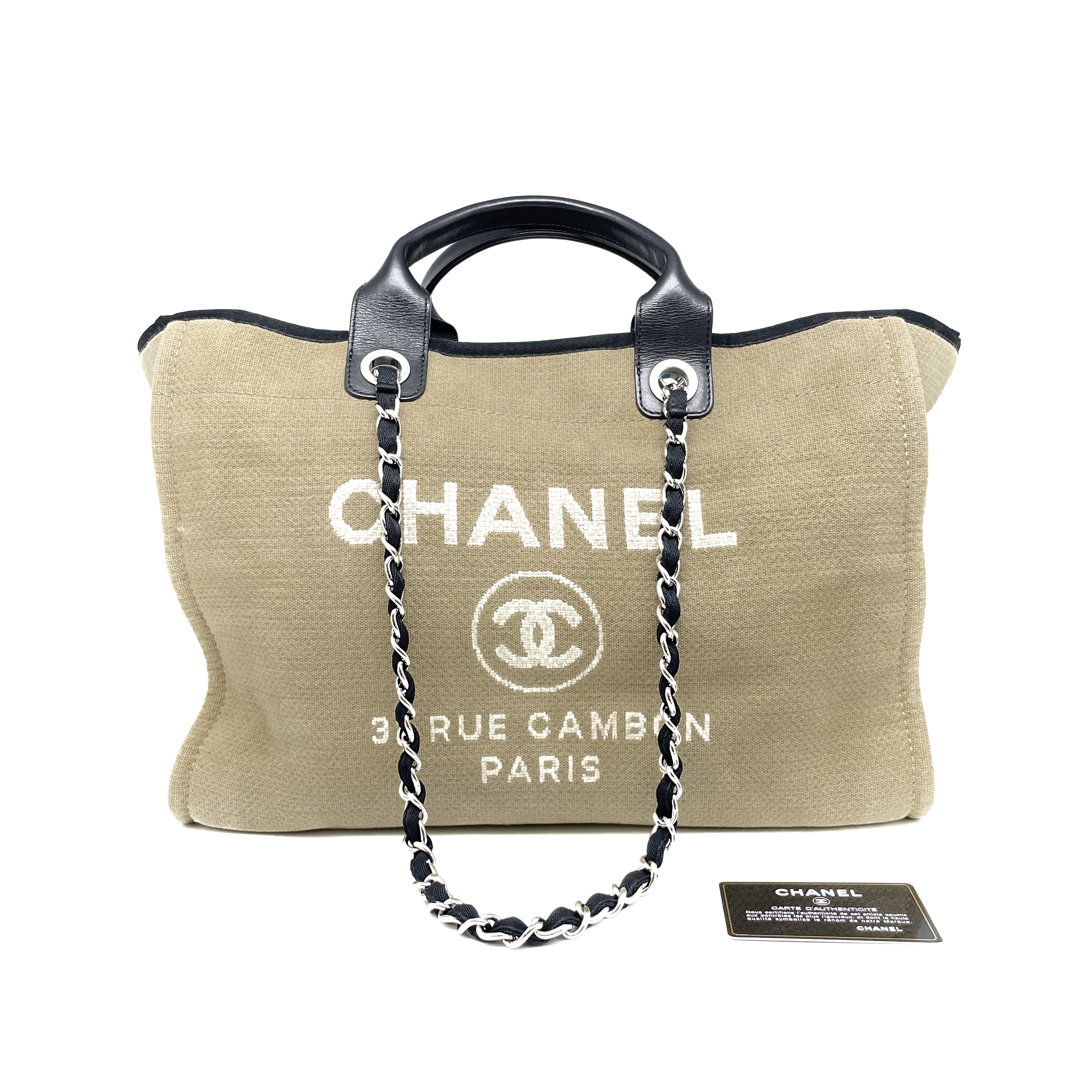 95新  Chanel香奈儿帆布拼皮手提链条沙滩包tote