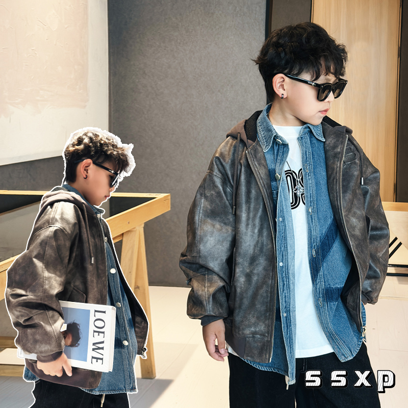 男童高质感复古PU皮衣儿童秋季夹克中大童连帽外套棒球服S7227