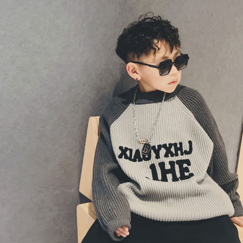 男童毛衣外套秋冬儿童拼接设计撞色中大童慵懒风针织开衫S6643