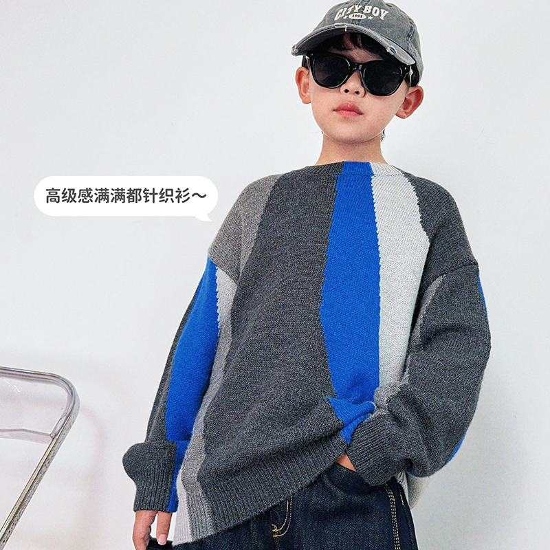 童装韩版拼接慵懒风针织衫男童高街外穿秋冬毛衣潮牌S7326