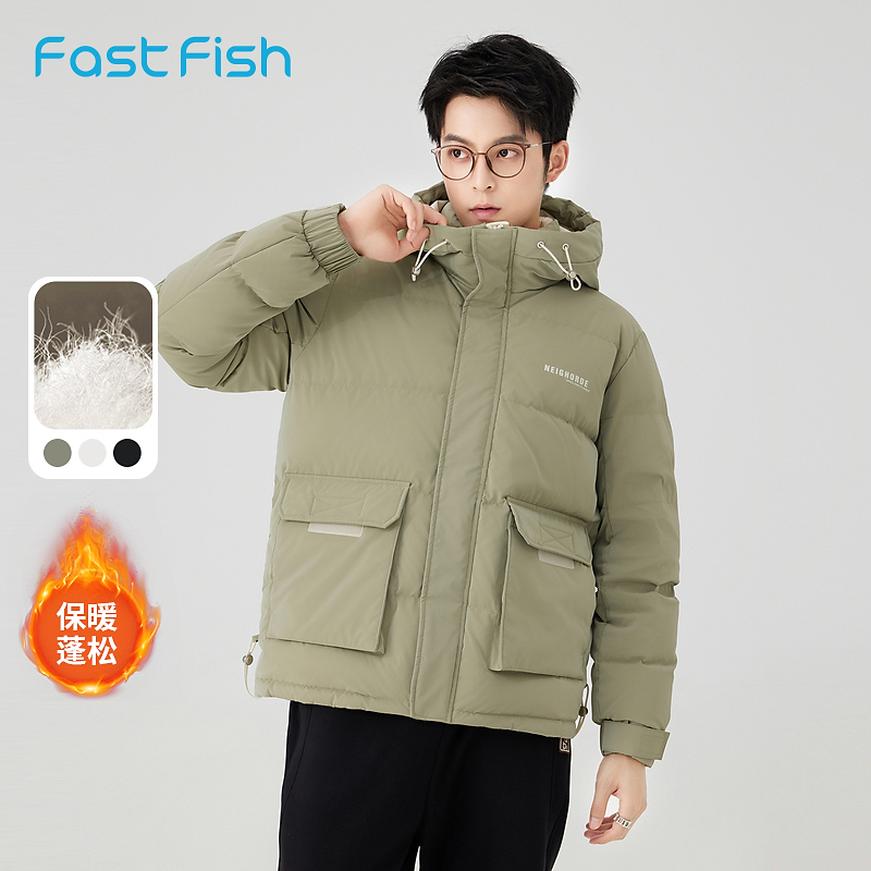 快鱼2023年冬季男厚短款羽绒服厚实保暖迷彩印花流行外套13Y1004