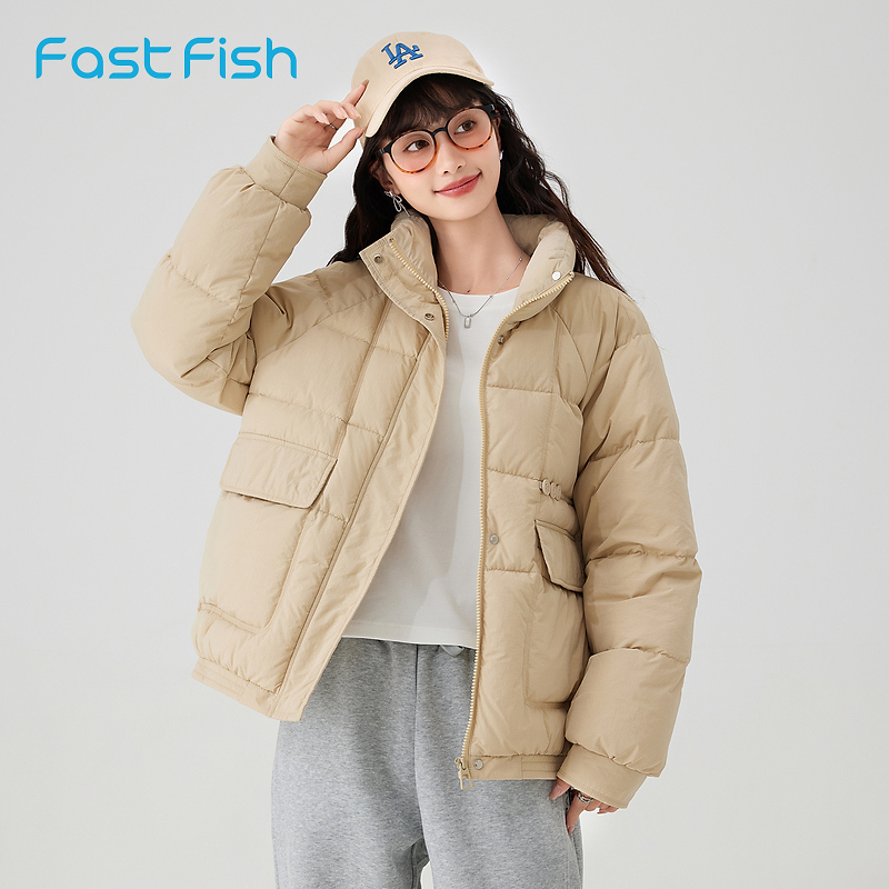 快鱼2023年冬女新厚立领短款棉衣高密尼龙微宽松插肩外套13U5006