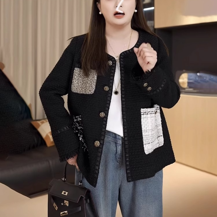 胖媛大码高级感气质撞色小香风外套女秋胖mm法式名媛显瘦开衫上衣