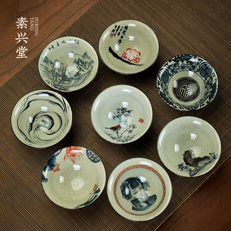 粗陶大号主人茶杯陶瓷青花功夫斗笠茶盏个人品茗杯家用单茶杯子