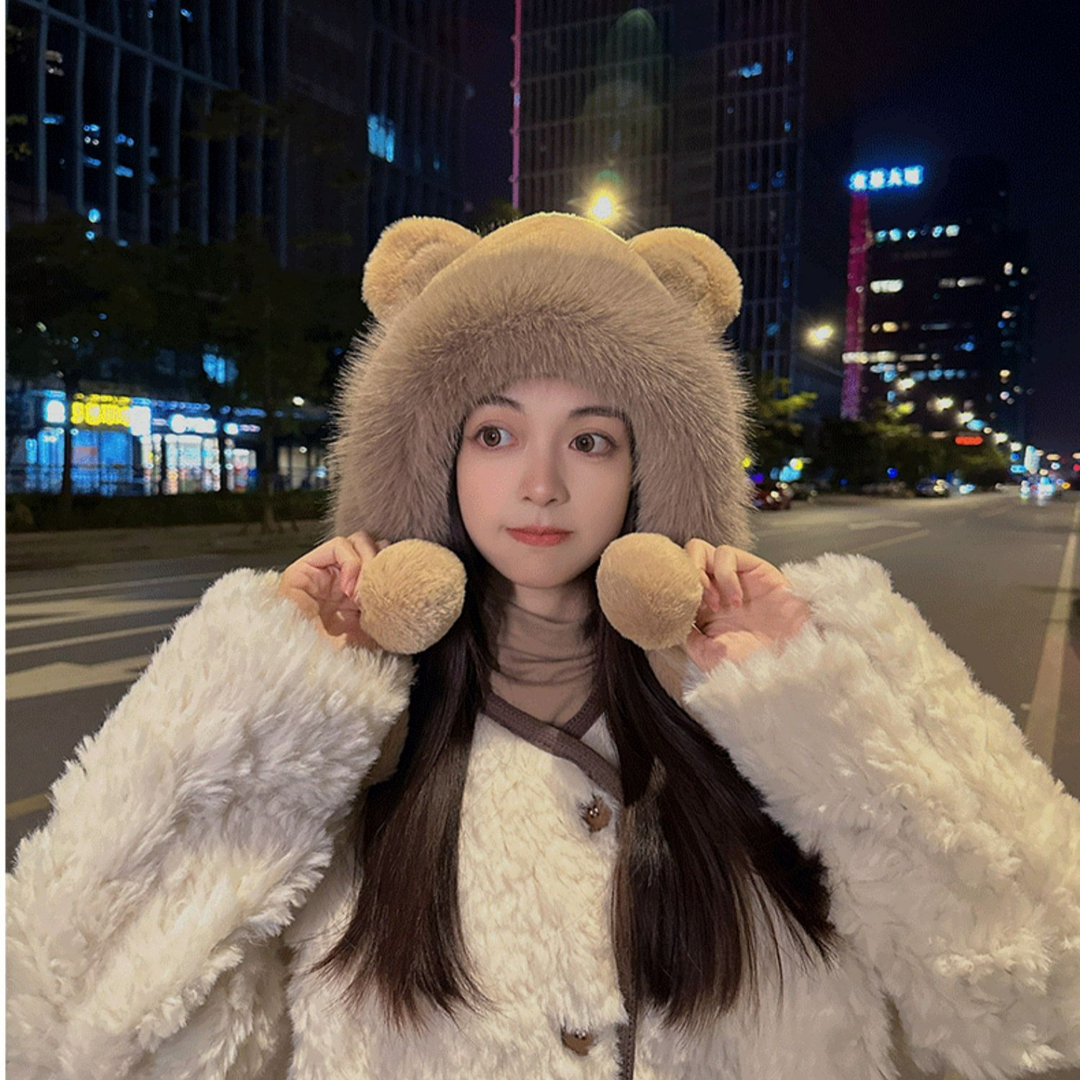 秋冬韩版可爱小熊毛绒帽子女冬天加厚护耳骑车保暖户外帽网红百搭