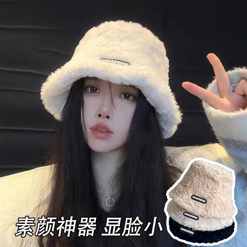 显脸小帽子大头围亲肤仿毛绒渔夫帽显脸小韩版百搭保暖水桶盆帽