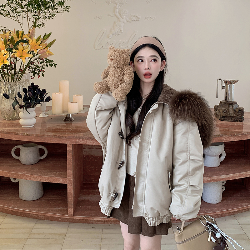 羽翼天使2024冬季新款派克服女加厚白鹅绒内胆羽绒服连帽皮草外套